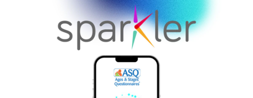 Logo for "Sparkler: Play for Parenting" App and image of a phone with the Ages and Stages Questionnaire logo 